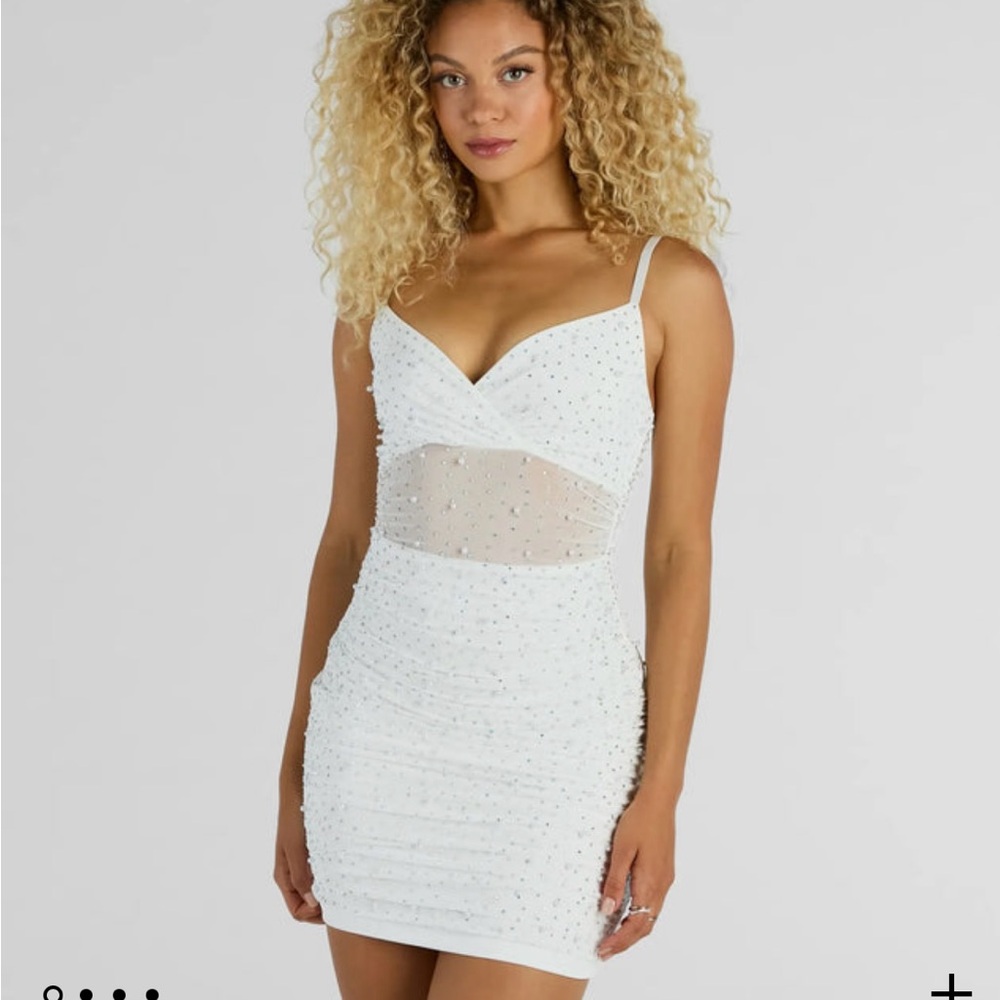 Yours Truly V-Neck Faux Pearl Rhinestone Mini Dress